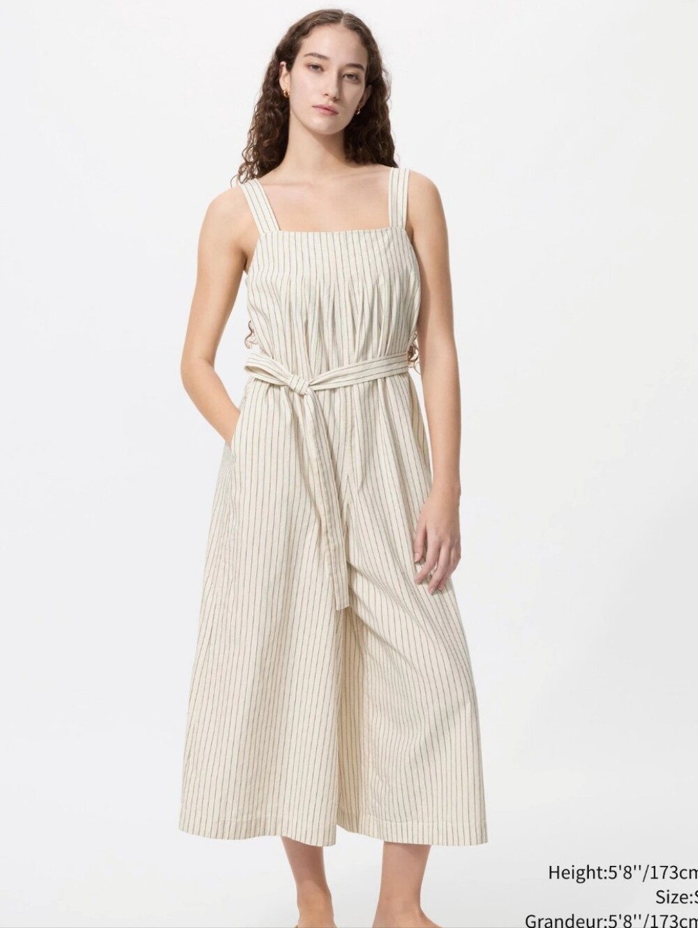 BNWT Linen Blend Uniqlo Cream Striped Wide-Leg Jumpsuit with Tie Waist